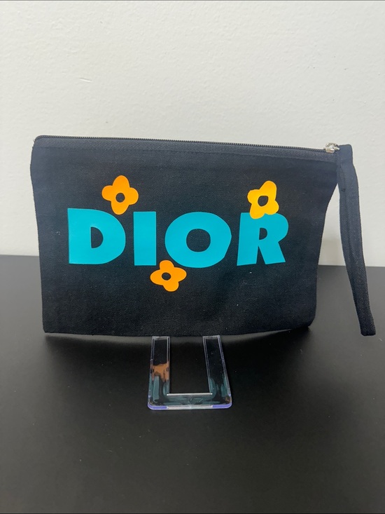 None Handbags - Black Canvas Pouch with Teal Logo and Orange Floral Accents. New. Custom Made